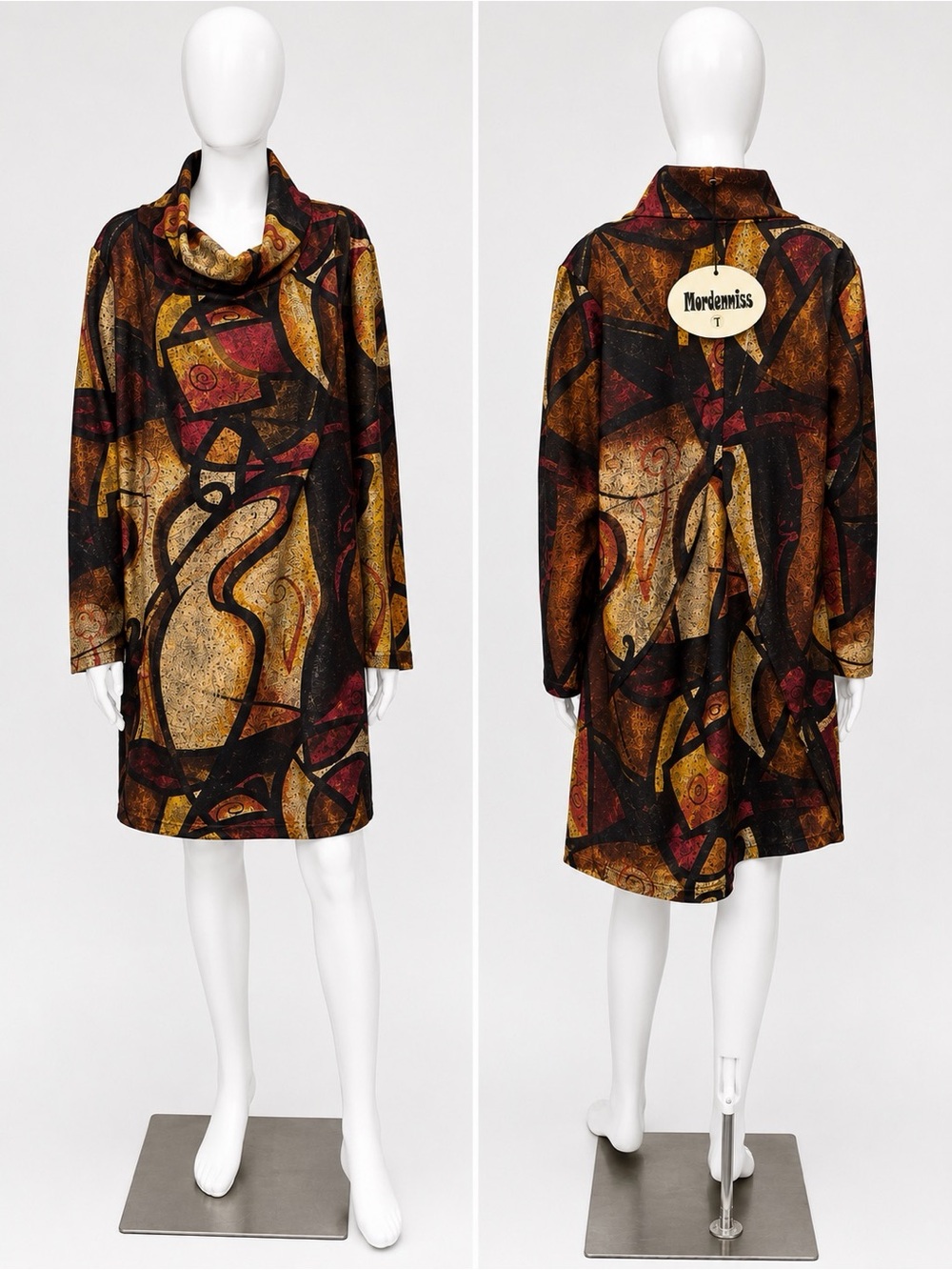 Modernmiss Abstract Print Cowl Neck Dress in Multi-Color